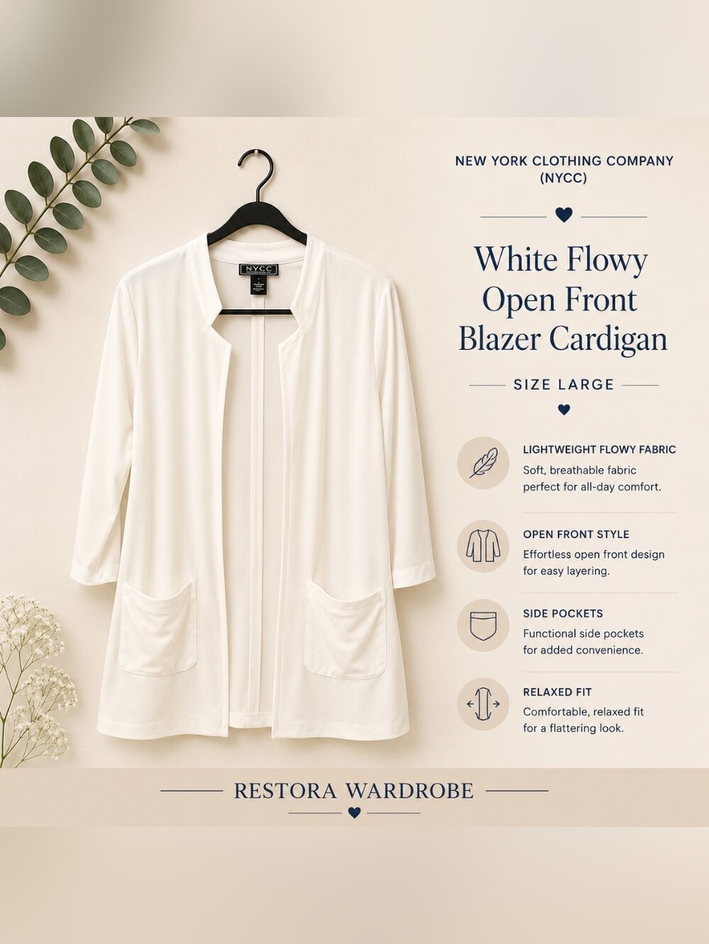 NYCC White Open Front Blazer Cardigan Longline Jacket L